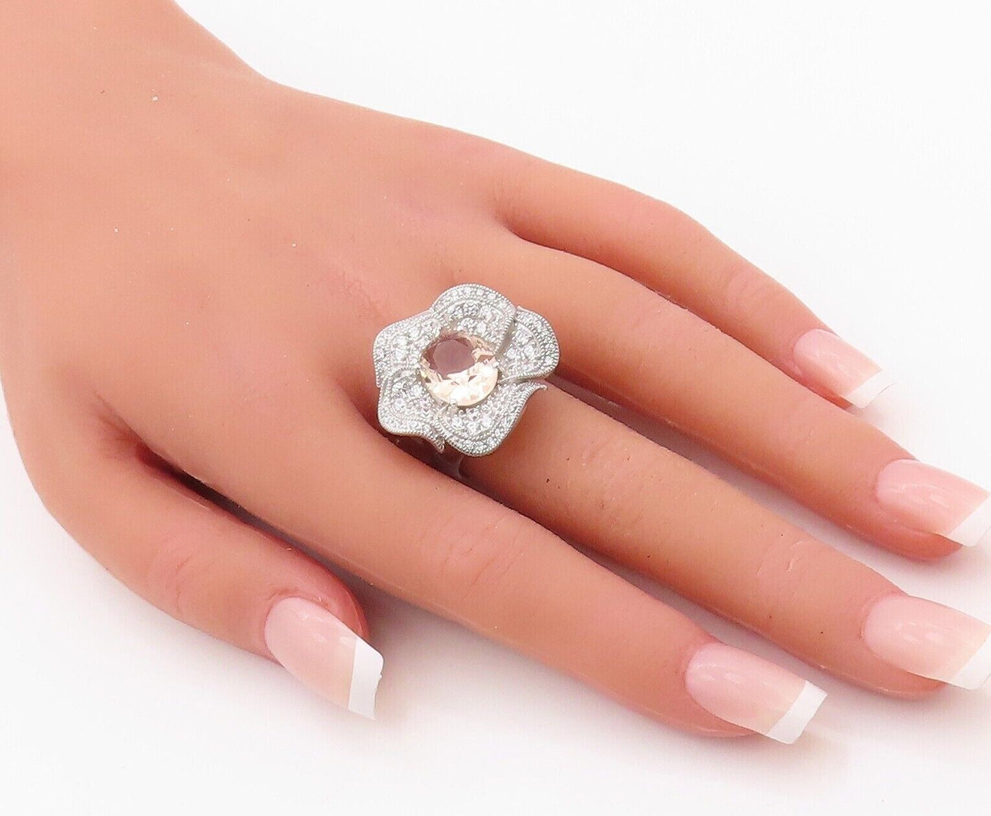 925 Sterling Silver Vintage Ring Morganite & CZ Carved Flower   Sz 7.5  RG29956