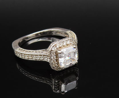 925 Sterling Silver  Vintage Square Cubic Zirconia Halo Ring Sz 7  RG25994