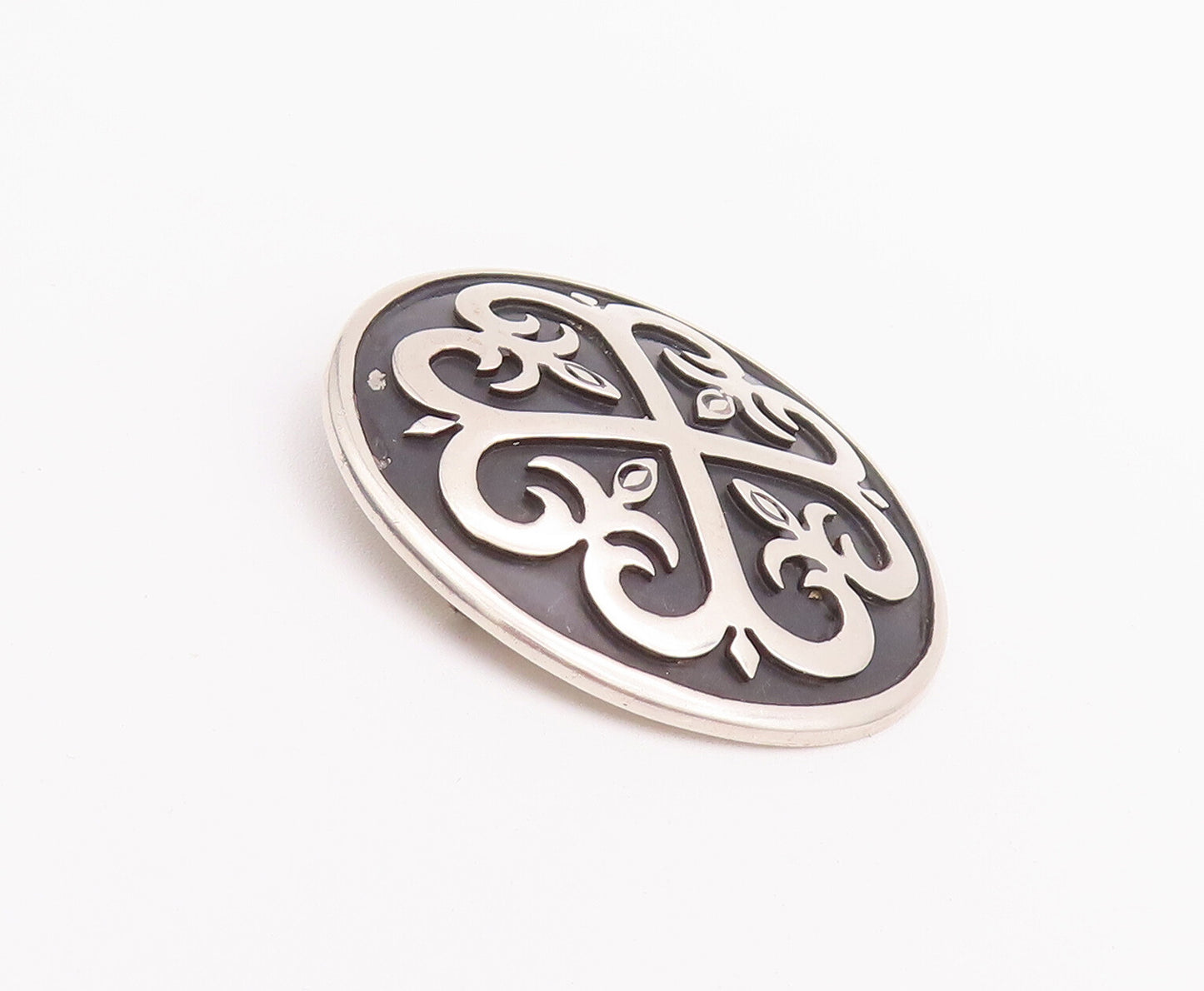925 Sterling Silver Vintage Brooch Pin TAXCO Swirly Carved Heart Flower  BP10753