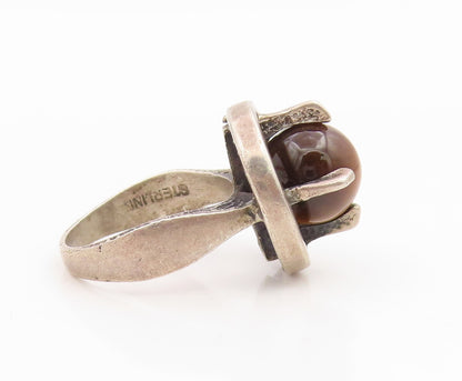 925 Sterling Silver Vintage Ring Round Tiger's Eye Modernist Band  Sz 6  RG34872