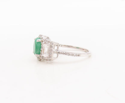 925 Sterling Silver Vintage Ring Modernist Oval Emerald & Topaz  Sz 7.5  RG29752