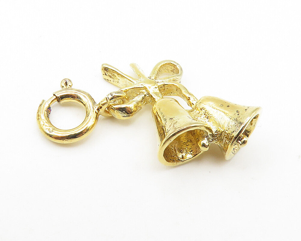925 Sterling Silver  Vintage Shiny Gold Plated Ribbon Bells Pendant  PT8599