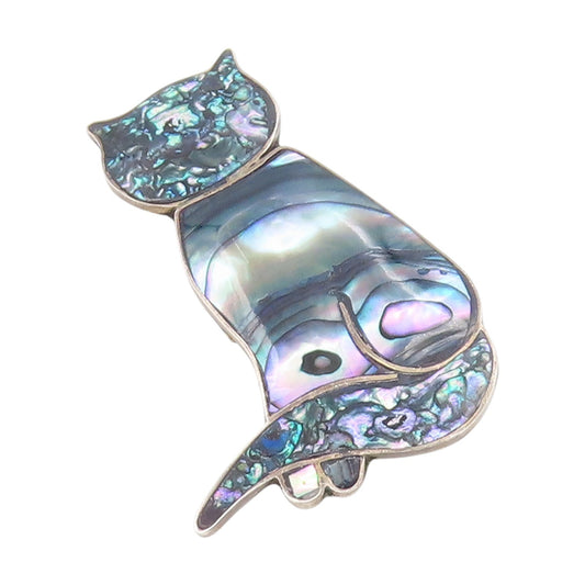 925 Sterling Silver Vintage Brooch Pin TAXCO Abalone Inlay Modernist Cat BP12428