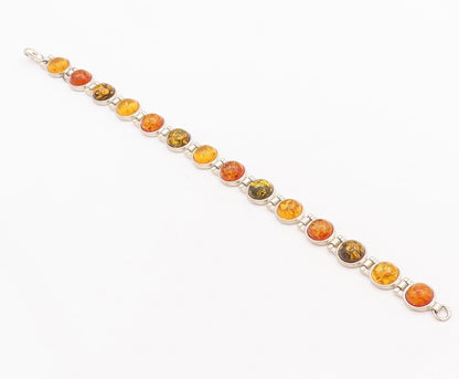 925 Sterling Silver Vintage Bracelet Round Honey Amber Hinged Links  BT10667