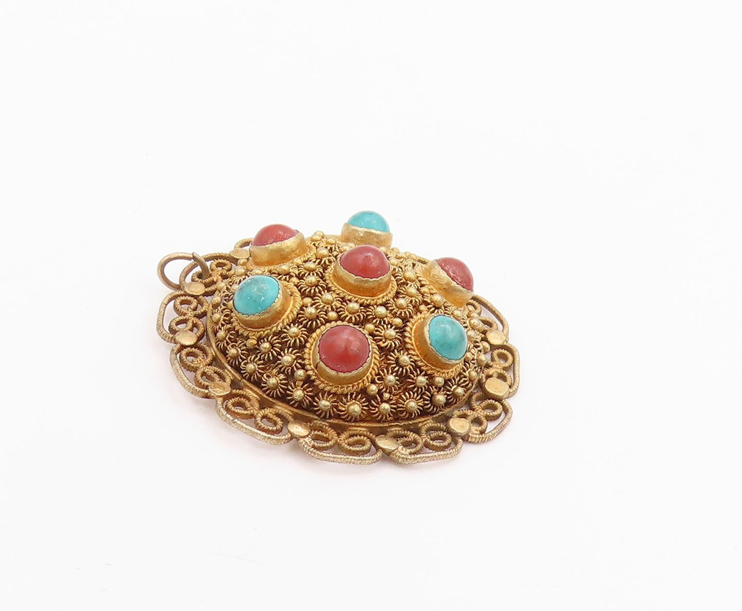925 Sterling Silver Vintage Pendant Gold Plated Turquoise & Gemstones  PT24715