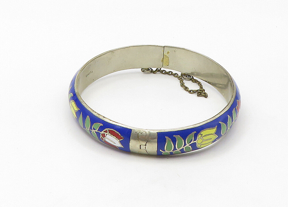 925 Sterling Silver  Vintage Enamel Floral Pattern Bangle Bracelet  BT8540