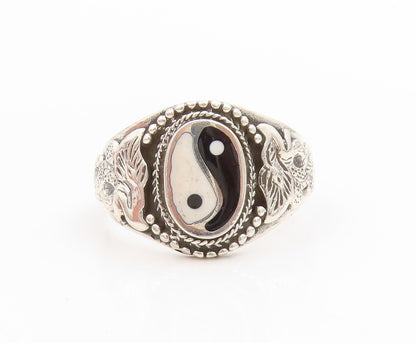 925 Sterling Silver Vintage Ring Enameled Yin Yang Dragon Band  Sz 14  RG34009