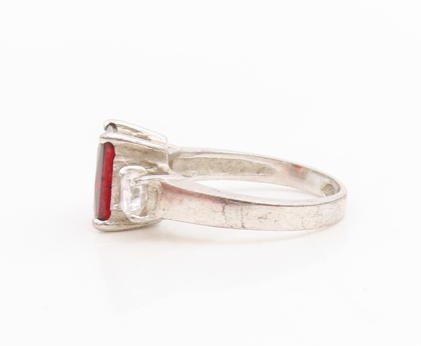 925 Sterling Silver Vintage Ring Classic Garnet & CZ Statement Band Sz 4 RG34781