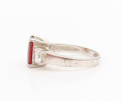 925 Sterling Silver Vintage Ring Classic Garnet & CZ Statement Band Sz 4 RG34781