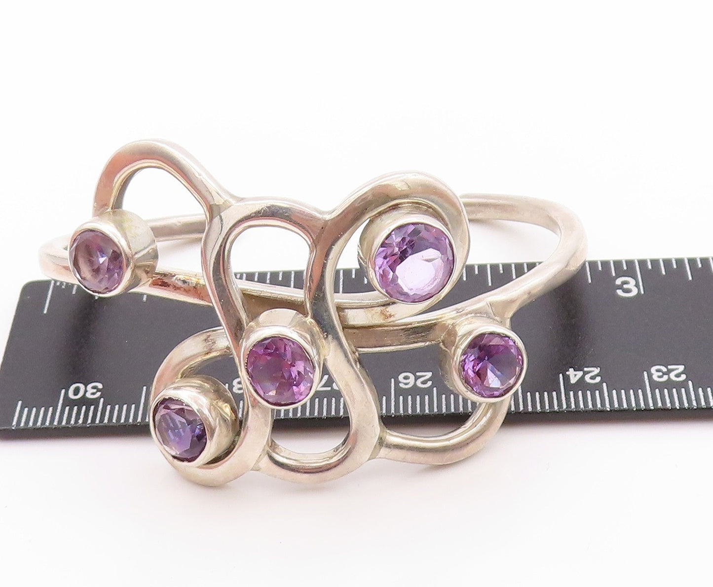 925 Sterling Silver Vintage Bracelet MEXICO Brutalist Amethyst Cuff  BT11227