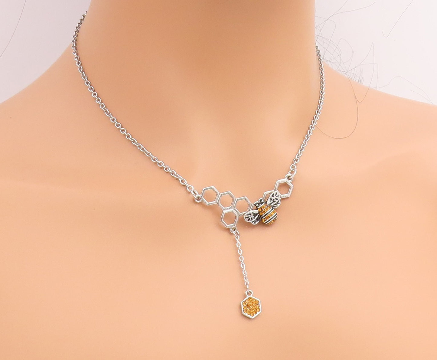 925 Sterling Silver Vintage Necklace Citrine Honeycomb & Bumblebee Drop  NE4912