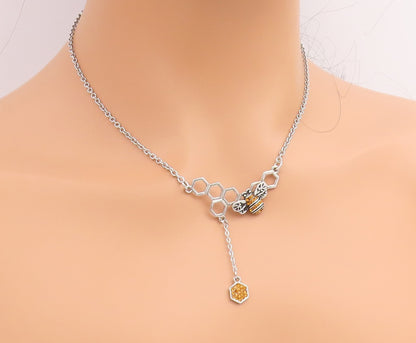 925 Sterling Silver Vintage Necklace Citrine Honeycomb & Bumblebee Drop  NE4912