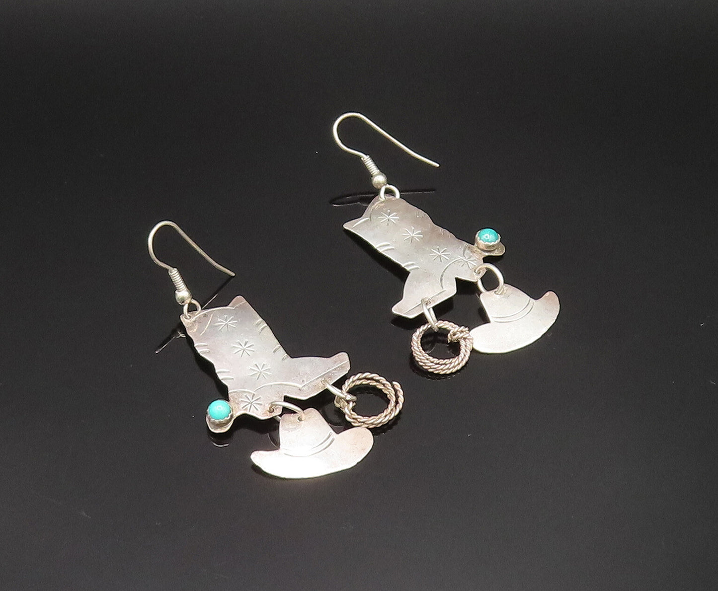 NAVAJO 925 Silver  Vintage Cowboy Boots Hat & Rope Turquoise Earrings  EG11833