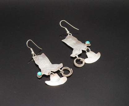 NAVAJO 925 Silver  Vintage Cowboy Boots Hat & Rope Turquoise Earrings  EG11833