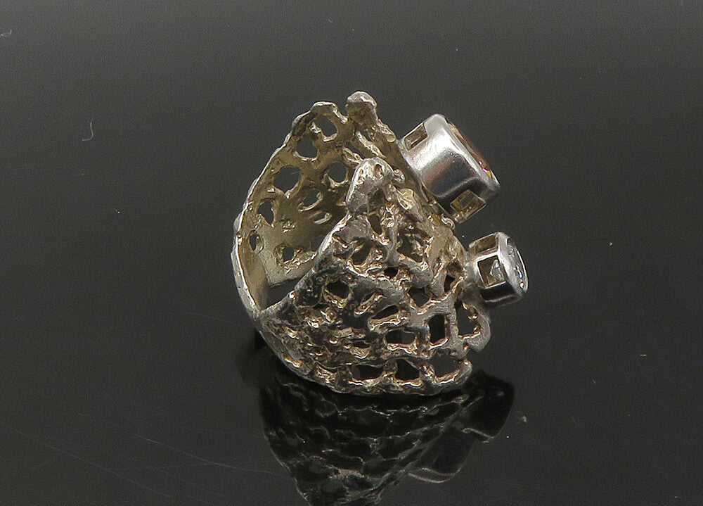 925 Silver  Vintage Cubic Zirconia & Citrine Sculpted Band Ring Sz 8.5 RG22387