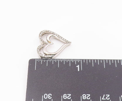 925 Sterling Silver  Vintage Genuine Diamonds Open Love Hearts Pendant  PT7516