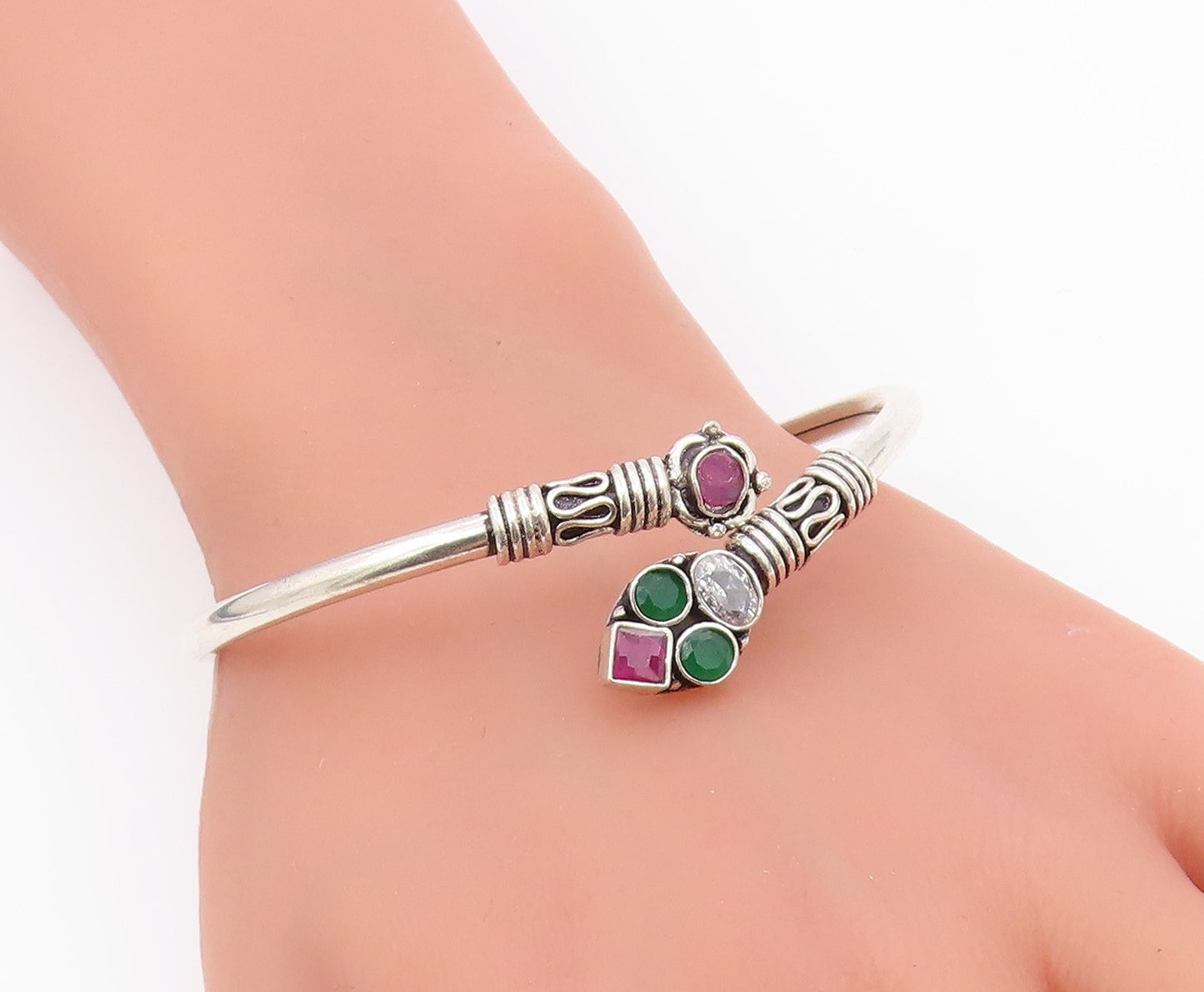925 Silver  Vintage Multi Shape Ruby Emerald & Topaz Bypass Bracelet  BT9783