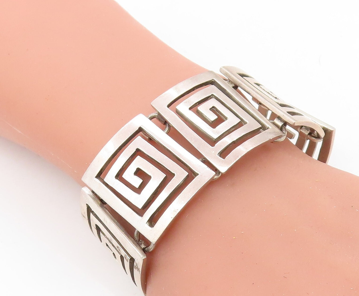 MEXICO 925 Sterling Silver  Vintage Shiny Greek Key Chain Bracelet  BT2934