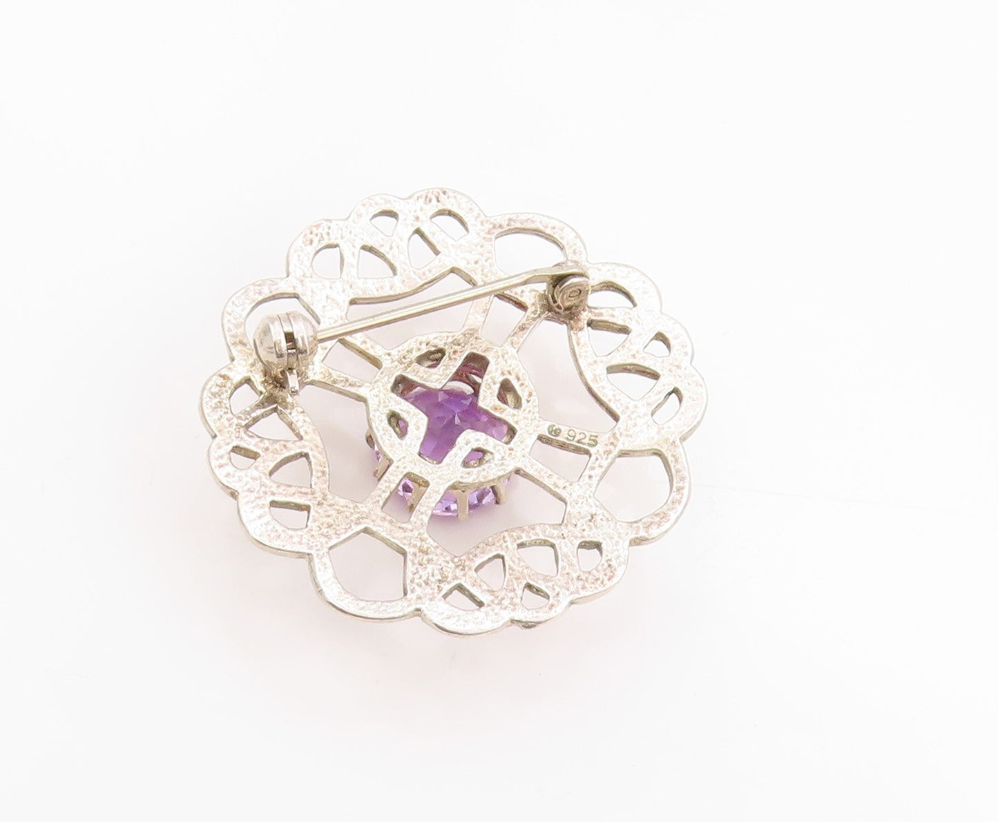 925 Sterling Silver Vintage Brooch Faceted Amethyst Celtic Cut Out Pin  BP11845