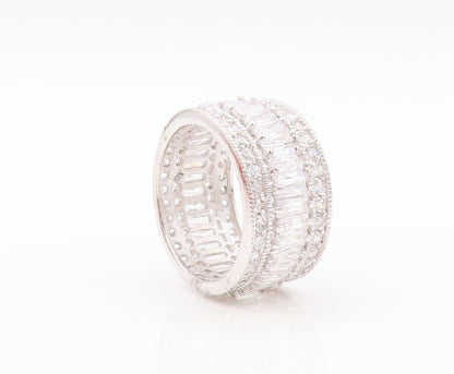 925 Sterling Silver Vintage Ring Designer Rectangle & Round CZ Band Sz 9 RG30217