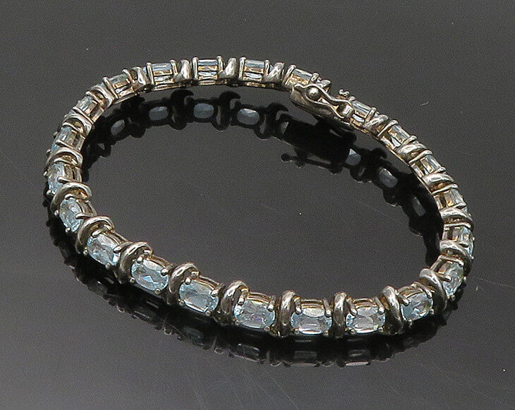 925 Sterling Silver  Vintage Prong Set Blue Topaz Tennis Bracelet  BT7981