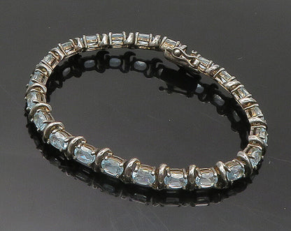 925 Sterling Silver  Vintage Prong Set Blue Topaz Tennis Bracelet  BT7981