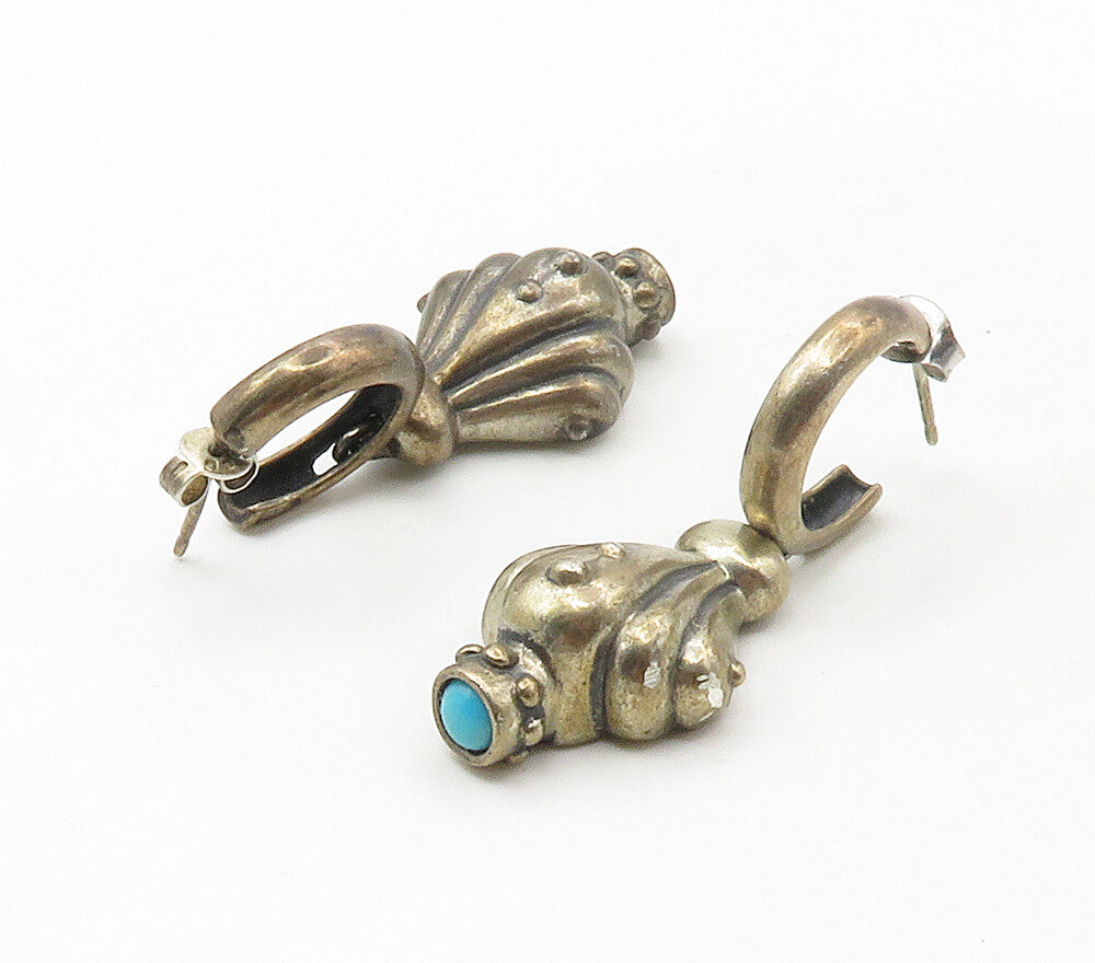 DESIGNER 925 Sterling Silver Vintage Turquoise Scalloped Dangle Earrings EG8692