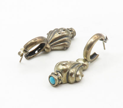 DESIGNER 925 Sterling Silver Vintage Turquoise Scalloped Dangle Earrings EG8692