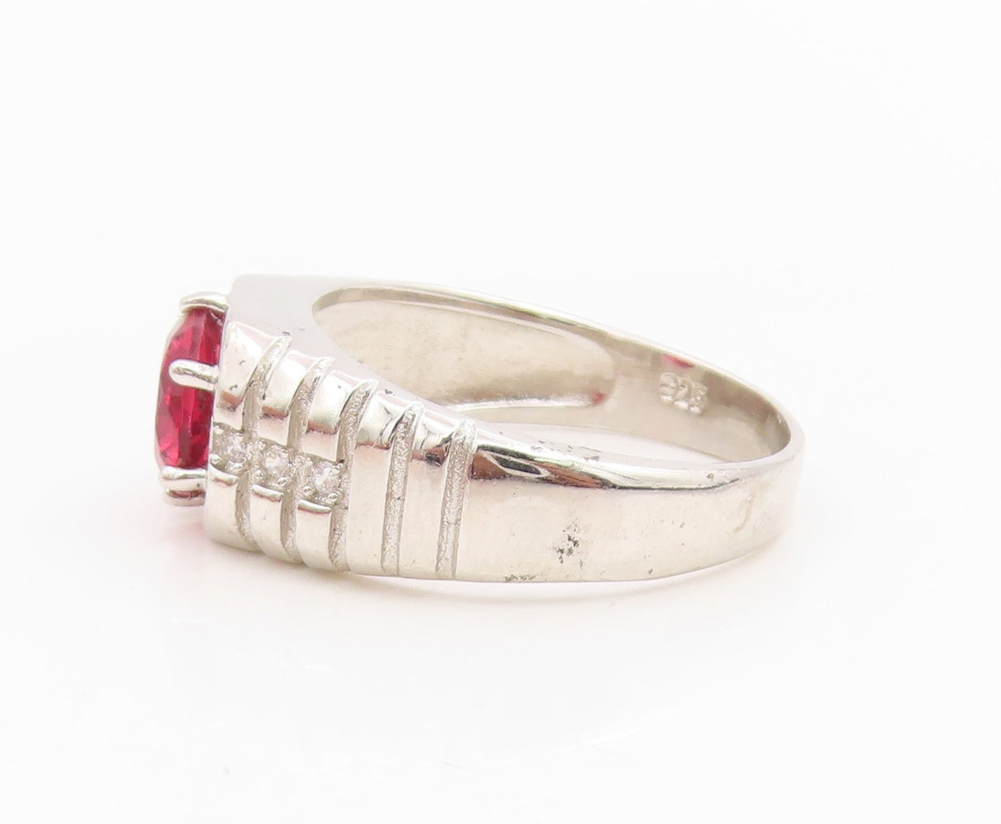 925 Sterling Silver Vintage Ring Ruby & CZ Statement Band  Sz 10.5  RG34892
