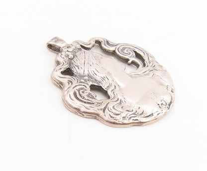 925 Sterling Silver Vintage Pendant Art Nouveau Woman With Flowing Hair  PT25423
