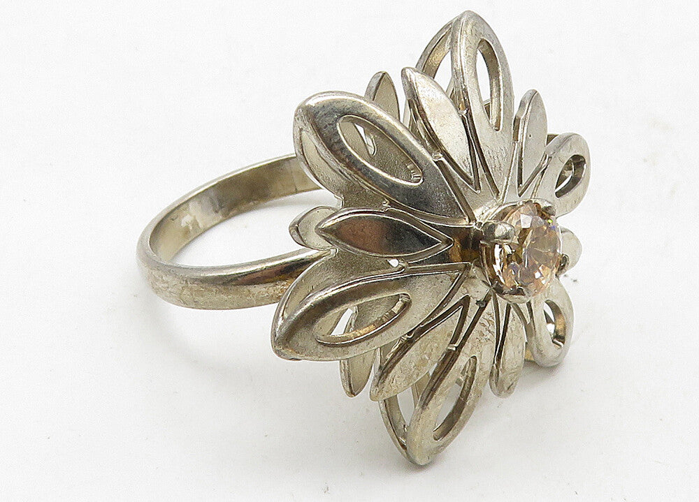 TAMARA 925 Silver  Topaz Centered Flower Motif Cocktail Ring Sz 6.5  RG10588