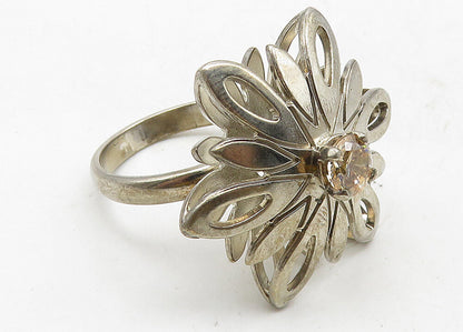 TAMARA 925 Silver  Topaz Centered Flower Motif Cocktail Ring Sz 6.5  RG10588