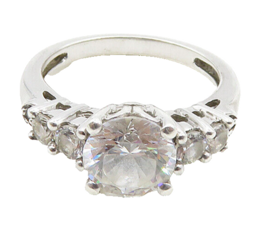 925 Silver  Vintage Cubic Zirconia Solitaire With Accents Ring Sz 6  RG19278