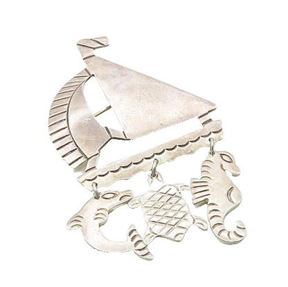 MEXICO 925 Silver  Vintage Dolphin Fish Seahorse Charm Boat Brooch Pin  BP7223