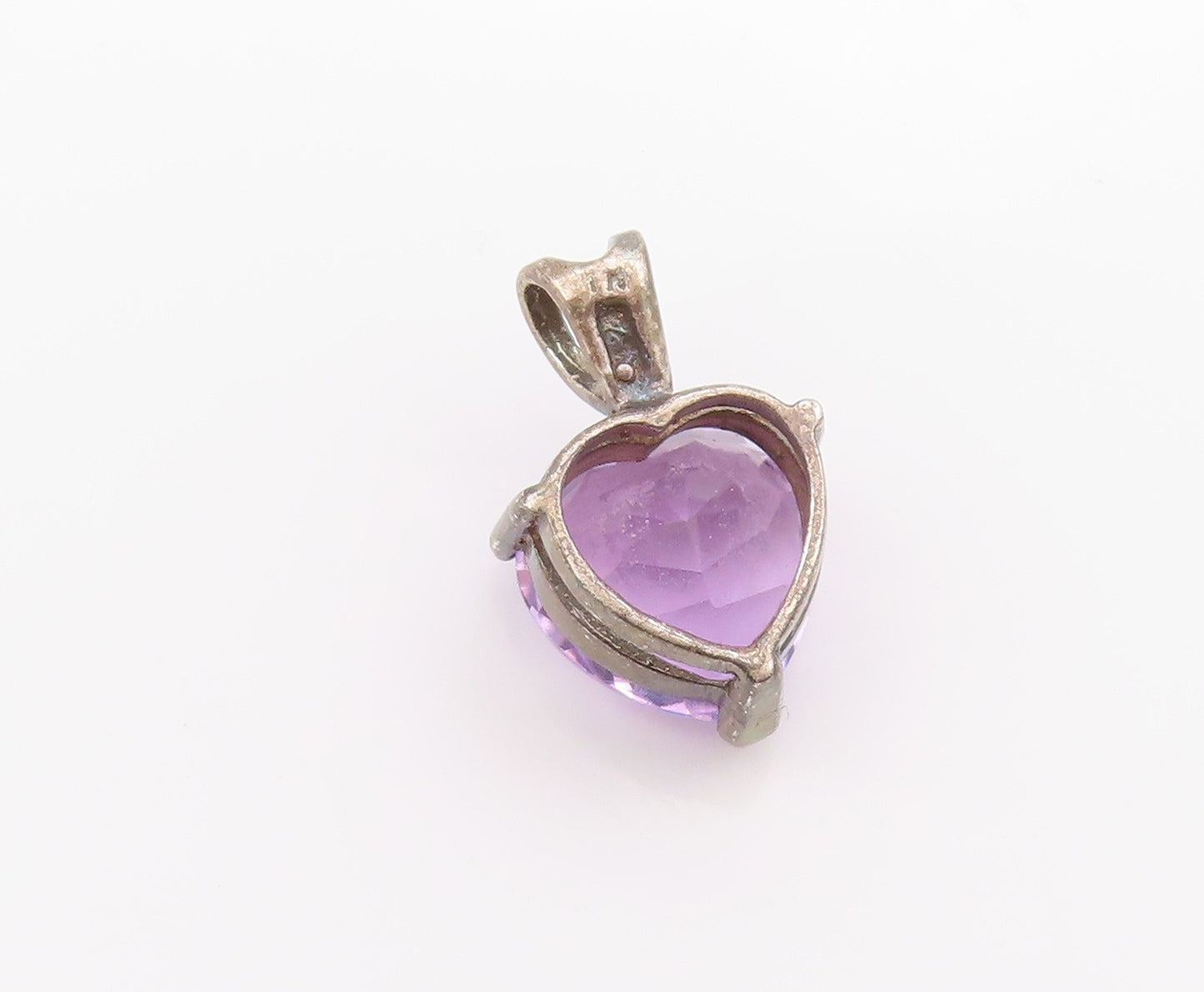 925 Sterling Silver Vintage Pendant Faceted Amethyst Love Heart Charm  PT24957