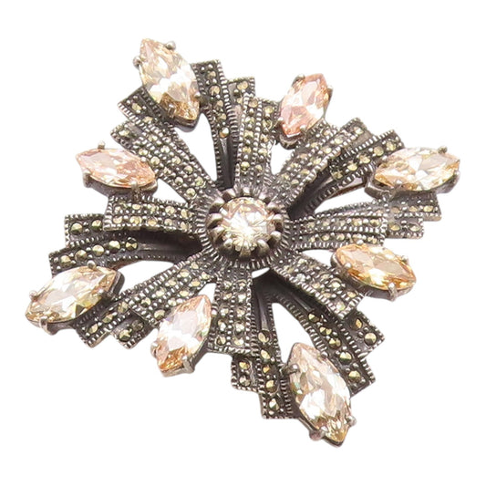 925 Silver  Vintage Citrine & Marcasite Flower Fidget Brooch Pin  BP9498
