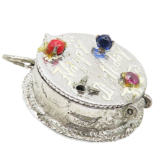 925 Sterling Silver  Vintage Topaz Happy Birthday Cake Pendant (OPENS)  PT7003