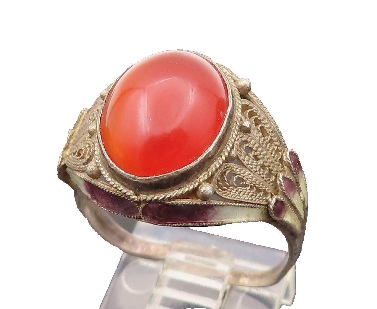 CHINESE 925 Sterling Silver Vintage Filigree Carnelian Ring Sz 9  RG26502