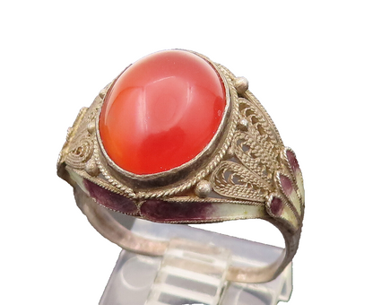 CHINESE 925 Sterling Silver Vintage Filigree Carnelian Ring Sz 9  RG26502