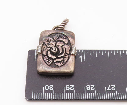 925 Silver  Vintage Carved Rose Flower With Cubic Zirconia Pendant  PT20713