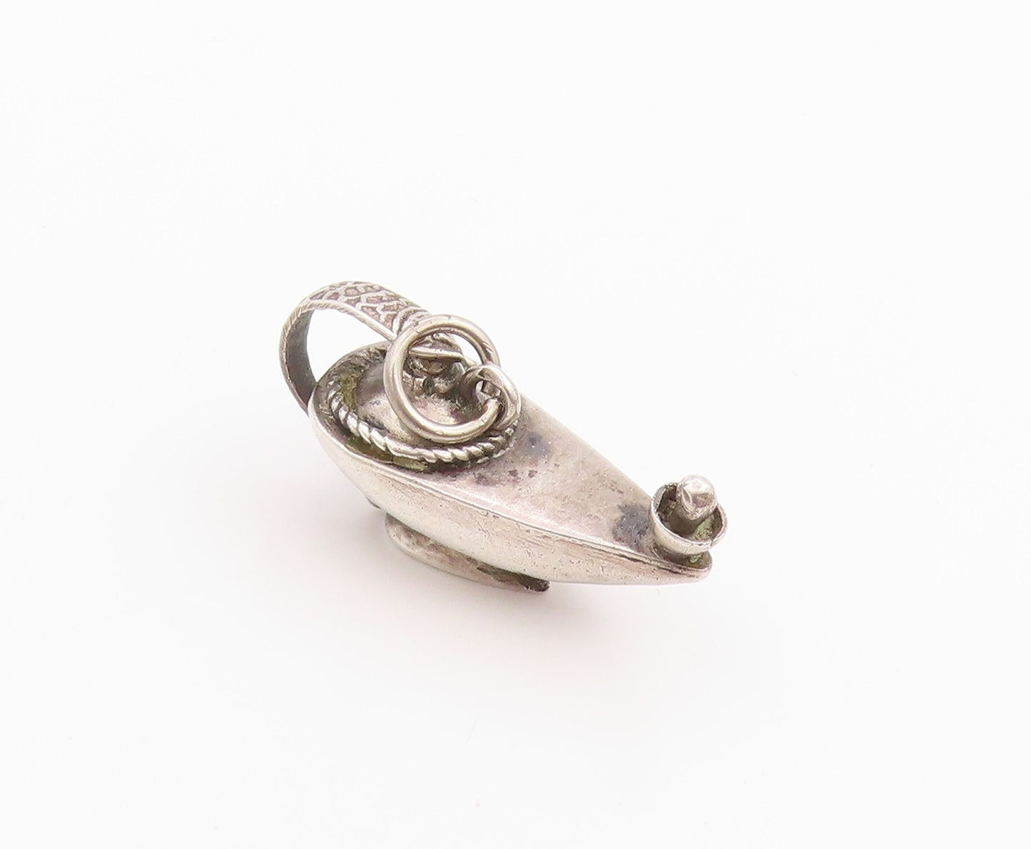 925 Sterling Silver Vintage Pendant 3D Carved Dark Tone Genie Lamp  PT24372