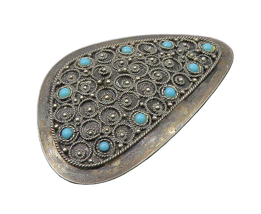 ISRAEL 925 Silver  Vintage Antique Turquoise Ornate Twist  Brooch Pin  BP8690
