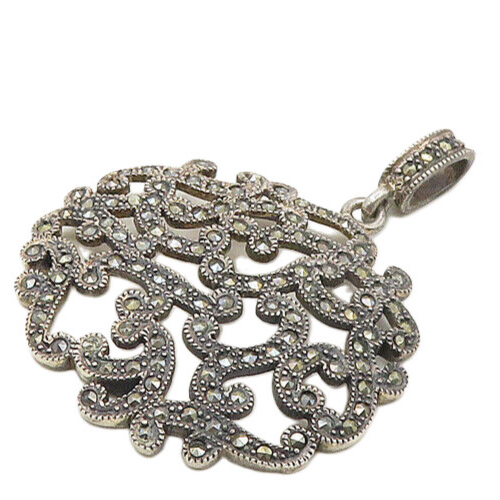 925 Sterling Silver  Vintage Shiny Marcasite Swirl Design Pendant  PT14274