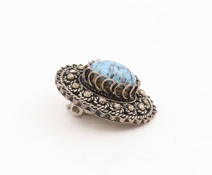 925 Sterling Silver Vintage Earrings Oval Turquoise Intricate Rope Edge  EG13994