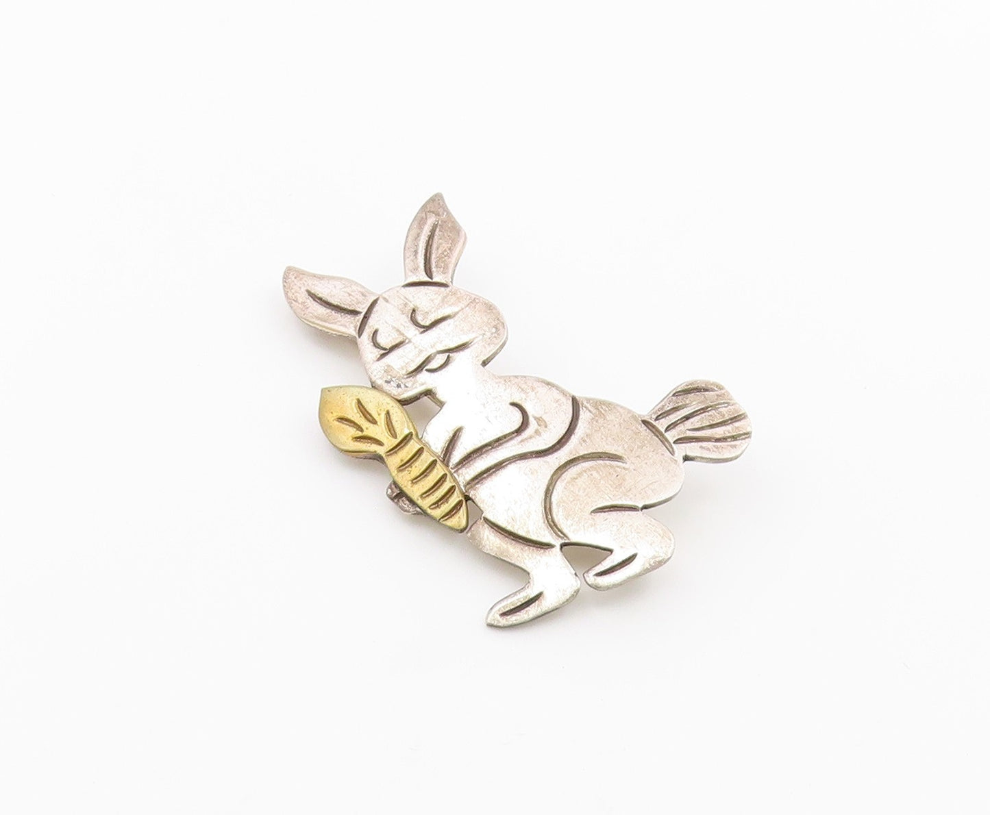 MEXICO 925 Sterling Silver  Vintage 2 Tone Rabbit & Carrot Brooch Pin  BP3977