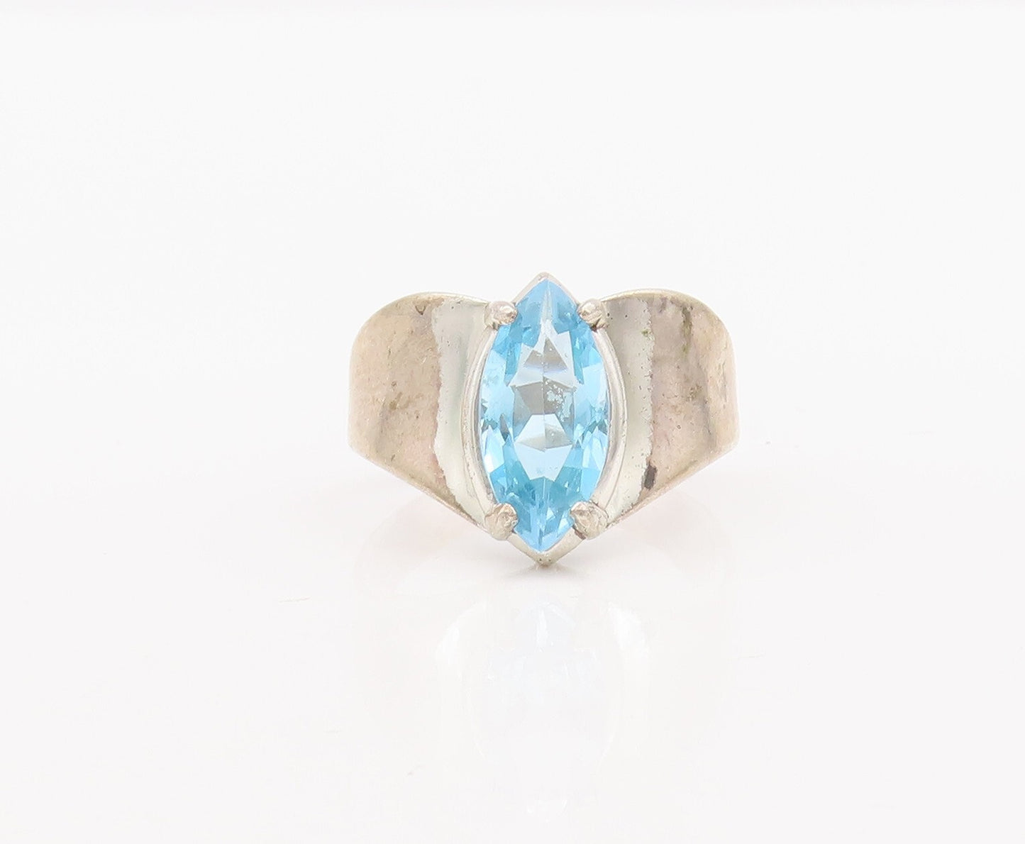 925 Sterling Silver Vintage Ring Solid Marquise Cut Blue CZ  Sz 10.5  RG29087
