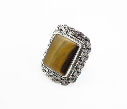 925 Sterling Silver  Tiger's Eye Spiral Border Cocktail Ring Sz 9  RG7878