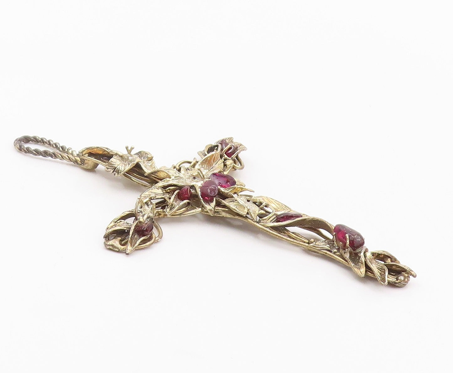 925 Sterling Silver Vintage Large Garnet Leaf Religious Cross Pendant PT21019