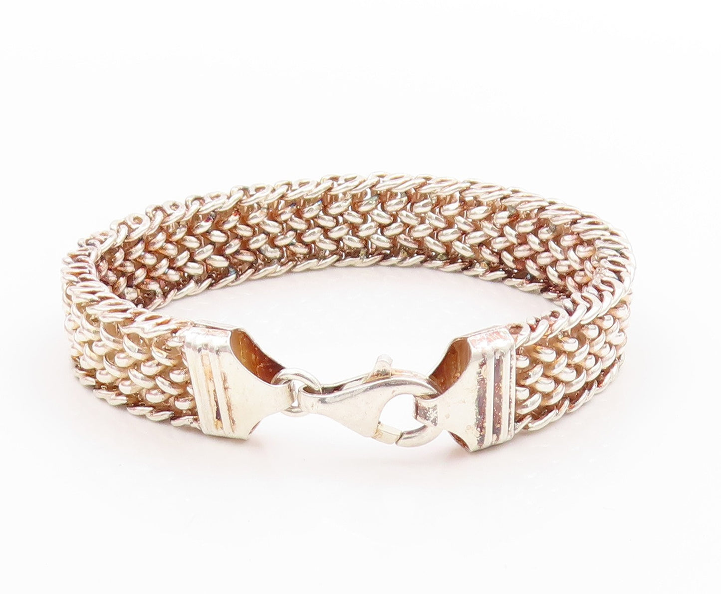 925 Sterling Silver Vintage Bracelet Solid Double Curb Woven Link Chain  BT11411