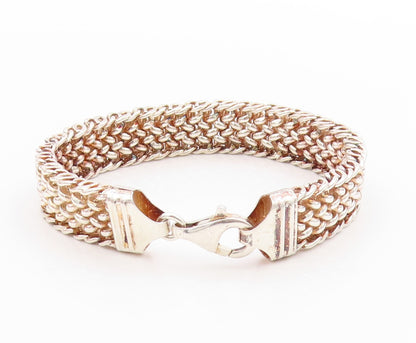 925 Sterling Silver Vintage Bracelet Solid Double Curb Woven Link Chain  BT11411